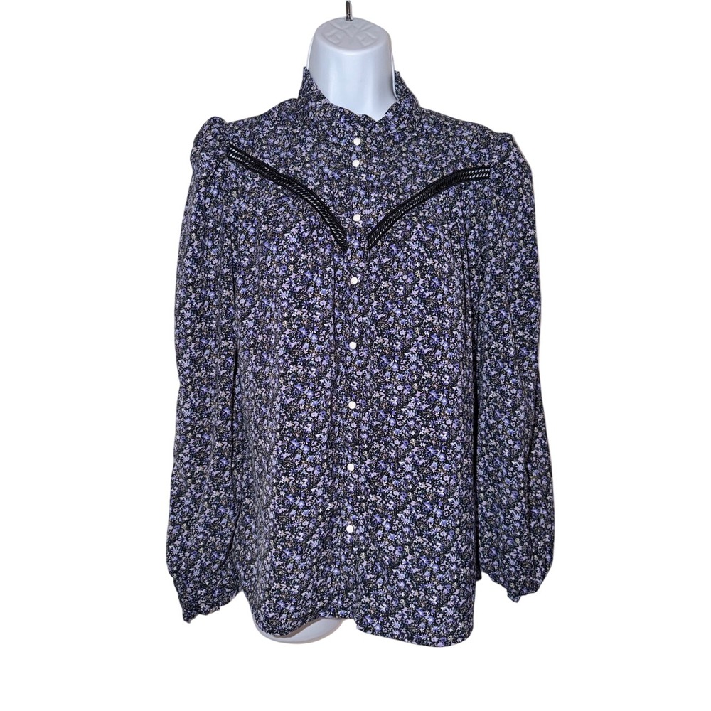 AI&KO Mirza Floral Blouse Purple Blue Ditsy Print Western Yoke Mock Neck 176